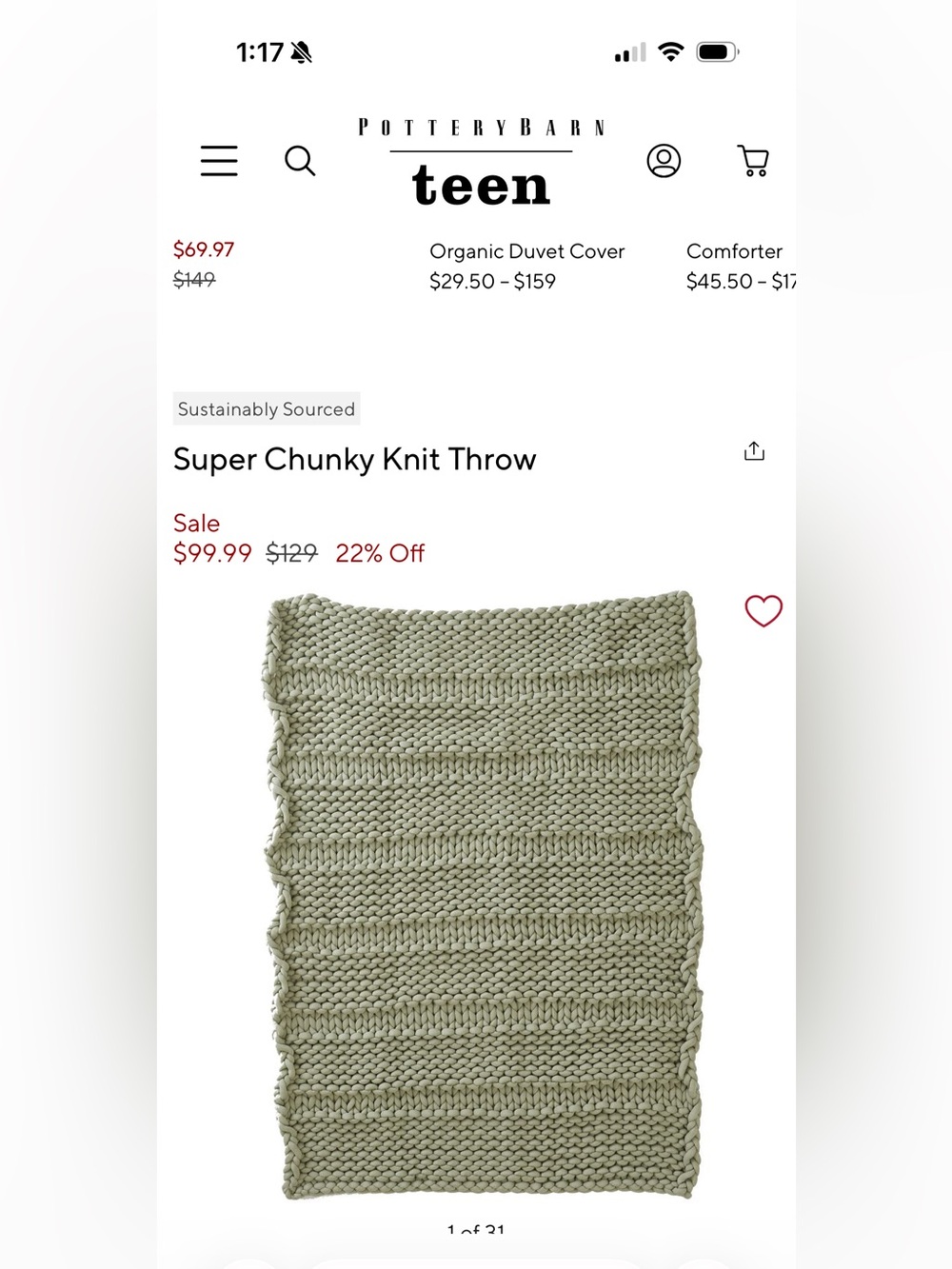 Pottery Barn Teen Sage Green Chunky Knit Throw